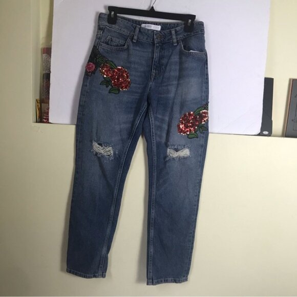 Zara Boyfriend Floral Embroidered Sequins High Rise Jeans Distressed  Roses 2 - Picture 2 of 15